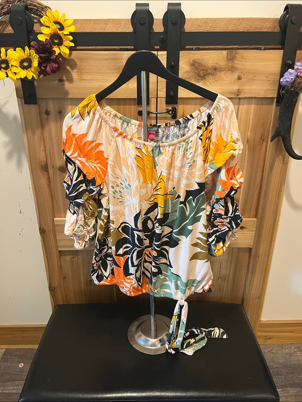 Women’s Floral Off-Shoulder Tie-Hem Top — Multicolor Size SMALL
